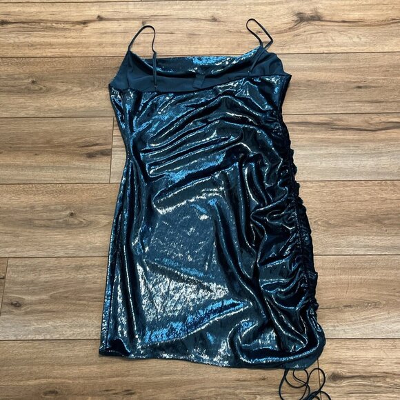 Cinq a Sept Shiny Astrid Mini Dress SZ 12 Teal Topaz Ruched Side Zip Adjustable - Picture 11 of 11